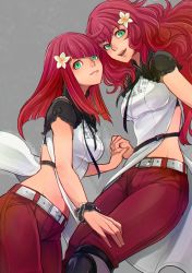 Rule 34 | 2girls, belt, breasts, closed mouth, devola, flower, green eyes, hair flower, hair ornament, holding hands, long hair, looking at viewer, medium breasts, multiple girls, nier (series), nier:automata, open mouth, payu (pyms11), popola, red hair, siblings, simple background, sisters, smile, twins