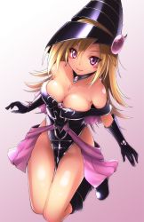 Rule 34 | 1girl, ayuteisyoku, bare shoulders, black gloves, blonde hair, blush, blush stickers, boots, breasts, cleavage, collarbone, duel monster, elbow gloves, full body, gloves, hat, leotard, lips, magi magi magician gal, no panties, off shoulder, pink background, purple eyes, simple background, smile, tate eboshi, yu-gi-oh!, yu-gi-oh! zexal, yuu-gi-ou, yuu-gi-ou zexal