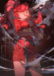 Rule 34 | 1girl, artist name, bare shoulders, belt, breasts, bug, choker, covering one eye, english text, green eyes, kawacy, long hair, mommy long legs, pink hair, pointy ears, poppy playtime, red skirt, red theme, scrunchie, skirt, smile, spider, standing, stomach, torn clothes, very long hair, wavy hair
