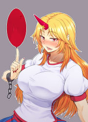 Rule 34 | 1girl, balancing, blonde hair, blush, breasts, chain, collarbone, cuffs, cup, drooling, fang, fingernails, grey background, highres, horns, hoshiguma yuugi, kakone, large breasts, long fingernails, long hair, looking at viewer, mouth drool, nail polish, oni, open mouth, pointy ears, puffy short sleeves, puffy sleeves, red eyes, sakazuki, shackles, sharp fingernails, shirt, short sleeves, simple background, single horn, skirt, slit pupils, smile, solo, star (symbol), touhou, upper body, white shirt