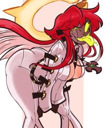 Rule 34 | 1girl, absurdres, ankh, ass, black gloves, bodysuit, breasts, broken halo, cleavage, spiked halo, gloves, glowing, glowing eyes, grey mask, guilty gear, guilty gear strive, halo, highres, jack-o&#039; valentine, large breasts, long hair, multicolored hair, pumpkin mask, red hair, scruffyturtles, solo, tongue, tongue out, two-tone hair, white bodysuit, white hair