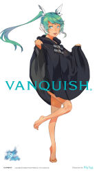 Rule 34 | 1girl, aqua eyes, aqua hair, barefoot, bigegg, cape, fashion, full body, hair ornament, hatsune miku, highres, long hair, looking at viewer, open mouth, simple background, smile, solo, toes, twintails, typo, vocaloid