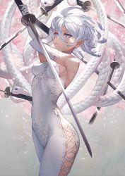 Rule 34 | 1girl, absurdres, animal, armpits, arms up, bare shoulders, blue eyes, bodysuit, breasts, cherry blossoms, covered navel, cowboy shot, cross-laced clothes, elbow gloves, gloves, hair between eyes, highres, holding, holding sword, holding weapon, huge filesize, impossible clothes, katana, looking at viewer, makai no juumin, mouth hold, original, parted lips, petals, short hair, silver hair, skin tight, small breasts, snake, solo, sword, weapon, white gloves, white snake, white theme