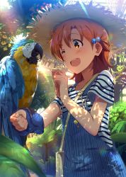 Rule 34 | 10s, 1girl, ahoge, animal, animal on arm, bad id, bad pixiv id, bag, bird, bird on arm, blush, brown hair, day, forest, hair between eyes, hair bobbles, hair ornament, handbag, hat, highres, idolmaster, idolmaster million live!, lens flare, light rays, macaw, nature, one eye closed, open mouth, outdoors, overalls, parrot, red10, shadow, shirt, short sleeves, smile, straw hat, striped clothes, striped shirt, sunbeam, sunlight, suspenders, upper body, yabuki kana, yellow eyes