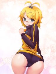 Rule 34 | 1girl, aqua eyes, ass, bad id, bad pixiv id, bandaid, bandaid on face, bandaid on nose, blonde hair, blush, buruma, from behind, gym uniform, hair ornament, hairclip, jacket, kagamine rin, looking at viewer, looking back, open mouth, project diva (series), project diva f, short hair, smile, solo, stylish energy (vocaloid), track jacket, vocaloid, yuzuriha p