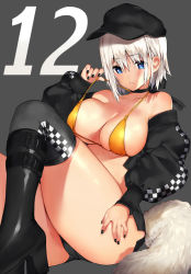 Rule 34 | 1girl, belt boots, bikini, bikini top only, black footwear, black legwear, black nails, blue eyes, boots, breasts, choker, cleavage, commentary request, fingernails, grey background, hat, jacket, knee boots, large breasts, long sleeves, looking at viewer, mataro (matarou), midriff, nail polish, off shoulder, open clothes, open jacket, original, parted lips, platform boots, platform footwear, shiny clothes, shiny skin, short hair, short shorts, shorts, signature, simple background, sitting, solo, swimsuit, white hair, yellow bikini