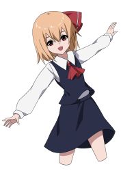 Rule 34 | 1girl, ascot, black skirt, black vest, blonde hair, collared shirt, commentary request, cropped legs, hair ribbon, highres, long sleeves, open mouth, outstretched arms, ramiki, red ascot, red eyes, red ribbon, ribbon, rumia, shirt, short hair, simple background, skirt, skirt set, solo, touhou, vest, white background, white shirt