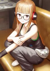 Rule 34 | 1girl, ahoge, bare arms, behind-the-head headphones, black tank top, blunt bangs, blurry, blurry background, breasts, closed mouth, collarbone, couch, fagi (kakikaki), fanny pack, grey pants, headphones, highres, indoors, long hair, no shoes, on couch, orange hair, pants, persona, persona 5, purple eyes, sakura futaba, small breasts, smile, socks, solo, squatting, tank top, white socks, wristband