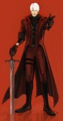 Rule 34 | 1boy, bad id, bad pixiv id, belt, boots, capcom, coat, dante (devil may cry), devil may cry (series), gloves, male focus, okada (hoooojicha), overcoat, pants, pointing, red theme, solo, sword, weapon, white hair