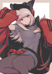 Rule 34 | 1girl, absurdres, animal ears, arknights, bare shoulders, belt, black hat, breasts, detached collar, feet out of frame, fox ears, frostleaf (arknights), grey shirt, hat, headphones, highres, jacket, long hair, material growth, mororife, off shoulder, open clothes, open jacket, oripathy lesion (arknights), pantyhose, red eyes, red jacket, shirt, silver hair, sleeves past wrists, solo