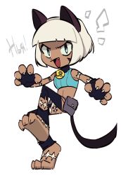 Rule 34 | 1girl, animal ears, bad link, cat ears, cat girl, chibi, dark skin, firemauer, highres, looking at viewer, ms. fortune (skullgirls), open mouth, short hair, simple background, skullgirls, smile, solo, white background, white hair