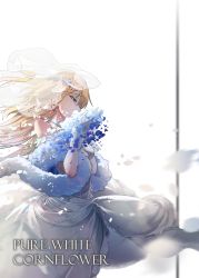 Rule 34 | 1girl, bare shoulders, blonde hair, blue hair, braid, bridal veil, choker, commentary, dress, earrings, english commentary, english text, feather boa, flower, g36 (girls&#039; frontline), g36 (pure white cornflower) (girls&#039; frontline), girls&#039; frontline, gloves, hair flower, hair ornament, hands up, highres, jewelry, long hair, official alternate costume, simple background, solo, veil, vikpie, wedding dress, white background, white dress, white gloves