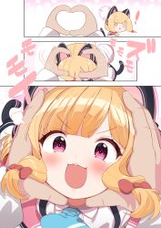 Rule 34 | !, 1girl, absurdres, animal ear headphones, animal ears, blonde hair, blue archive, blue necktie, blush, bow, cat ear headphones, chestnut mouth, chibi, collared shirt, comic, fake animal ears, fake tail, hair bow, halo, hands on another&#039;s face, headphones, heart, heart hands, highres, long sleeves, looking at viewer, momoi (blue archive), necktie, open mouth, out of frame, pov, red bow, sensei (blue archive), shirt, shiyoo, tail, white shirt