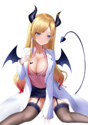 Rule 34 | 1girl, absurdres, bat tattoo, blonde hair, blouse, blue eyes, breast tattoo, breasts, cleavage, closed mouth, coat, collarbone, colored tips, demon horns, demon tail, demon wings, garter straps, gradient hair, highres, hololive, horns, jacket, lab coat, lace, lace-trimmed legwear, lace trim, large breasts, long hair, looking at viewer, miniskirt, multicolored hair, pink shirt, pointy ears, red hair, shirt, sido (ama r007), simple background, sitting, skirt, solo, swept bangs, tail, tattoo, thighhighs, very long hair, virtual youtuber, white background, white coat, white jacket, wings, yuzuki choco, yuzuki choco (1st costume)