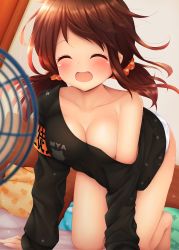 Rule 34 | 1girl, :d, ^ ^, all fours, armband, bare legs, bare shoulders, barefoot, black shirt, blush, breasts, brown hair, cleavage, closed eyes, collarbone, commentary request, downblouse, electric fan, facing viewer, floral print, hair ornament, hair scrunchie, highres, indoors, large breasts, long hair, long sleeves, low twintails, minato ojitan, no bra, off shoulder, open mouth, orange scrunchie, original, panties, parted bangs, pillow, print scrunchie, scrunchie, shirt, sleeves past wrists, smile, solo, twintails, underwear, white panties