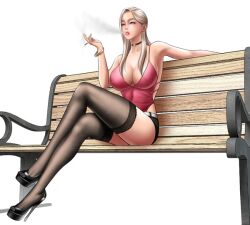 Rule 34 | bench, bimbofication, bracelet, breasts, cigarette, cleavage, dr stein (pixiv), heels, jewelry, mia (smoking hypnosis), revealing clothes, simple background, sitting, smoke, smoking hypnosis, thighhighs, white background