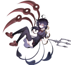 Rule 34 | 1girl, absurdres, asymmetrical wings, black dress, black hair, black thighhighs, blue wings, bow, bowtie, breasts, center frills, commentary, dated commentary, dress, footwear bow, frilled dress, frills, full body, hair between eyes, highres, holding, holding pitchfork, houjuu nue, long hair, looking at viewer, medium breasts, mia (39565899), pitchfork, polearm, red bow, red bowtie, red eyes, red footwear, red wings, shoes, short dress, short sleeves, simple background, snake, solo, thighhighs, touhou, trident, weapon, white background, wings, wristband