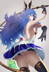 Rule 34 | 1girl, animal ears, armpits, ass, blue hair, breasts, brown eyes, closed mouth, dress, ferry (granblue fantasy), gloves, granblue fantasy, highres, hotate-chan, long hair, looking at viewer, medium breasts, sideboob, simple background, skirt, smile, solo, thighhighs, wavy hair, whip