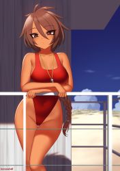 Rule 34 | 1girl, blue sky, braid, brown eyes, brown hair, cloud, commentary request, cowboy shot, dark skin, dark-skinned female, day, highleg, highleg swimsuit, kuroonehalf, lifeguard, long hair, one-piece swimsuit, original, outdoors, railing, red one-piece swimsuit, single braid, sky, solo, swimsuit, whistle, whistle around neck
