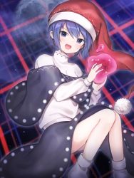 Rule 34 | 1girl, :d, blob, blue eyes, blue hair, doremy sweet, dream soul, dress, hat, highres, legacy of lunatic kingdom, long sleeves, looking at viewer, multicolored clothes, multicolored dress, nightcap, open mouth, pom pom (clothes), smile, solo, soooooook2, touhou, white footwear