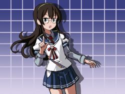 Rule 34 | 1girl, black hair, blue background, blue sailor collar, blue skirt, commentary, cowboy shot, english commentary, glasses, green eyes, grid background, hairband, hip vent, index finger raised, kantai collection, long hair, looking at viewer, necktie, one-hour drawing challenge, ooyodo (kancolle), open mouth, pleated skirt, red necktie, sailor collar, school uniform, semi-rimless eyewear, serafuku, sixten, skirt, solo, under-rim eyewear