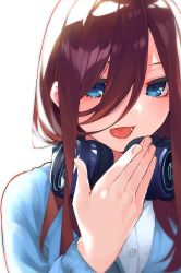 Rule 34 | 1girl, :d, blue cardigan, blue eyes, breasts, brown hair, buttons, cardigan, eyebrows hidden by hair, go-toubun no hanayome, hair between eyes, hand up, haruba negi, headphones, headphones around neck, highres, large breasts, long hair, long sleeves, looking at viewer, nakano miku, open mouth, shirt, sidelocks, simple background, smile, solo, tongue, upper body, white background, white shirt