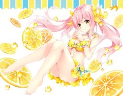 Rule 34 | 1girl, bare legs, barefoot, bikini, bikini skirt, blush, bow, breasts, choker, cleavage, commentary request, feet, fingers together, food, food-themed clothes, fruit, fruit background, full body, hair bow, hair ornament, jpeg artifacts, knees together feet apart, knees up, large breasts, legs, lemon, lemon slice, long hair, looking at viewer, mochizuki shiina, navel, original, pink hair, rabbit hair ornament, sailor bikini, sailor collar, sidelocks, simple background, smile, solo, steepled fingers, striped bikini, striped bow, striped clothes, swimsuit, toes, twintails, white background, wrist cuffs, yellow bikini, yellow bow, yellow eyes