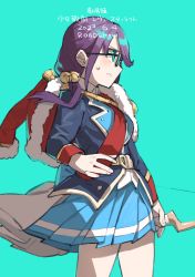 Rule 34 | 1girl, absurdres, aiguillette, bell, belt, blue background, blue jacket, blue skirt, bow (weapon), commentary, cowboy shot, english text, from side, fur-trimmed jacket, fur trim, glasses, goe (g-o-e), grimace, highres, holding, holding bow (weapon), holding weapon, hoshimi junna, jacket, jacket on shoulders, long hair, long sleeves, military jacket, parted lips, pleated skirt, profile, purple hair, red jacket, red sash, sash, shoujo kageki revue starlight, simple background, skirt, solo, sweatdrop, translated, weapon