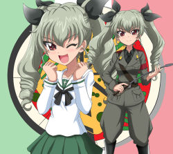 Rule 34 | 10s, 1girl, ;d, anchovy (girls und panzer), anzio military uniform, anzio school uniform, black bow, black neckwear, black shirt, bow, brown eyes, brown jacket, brown pants, drill hair, girls und panzer, green hair, hair between eyes, hair bow, hanzou, holding, holding riding crop, holding whip, jacket, long hair, long sleeves, looking at viewer, miniskirt, necktie, one eye closed, open mouth, pants, pleated skirt, riding crop, sailor collar, school uniform, shirt, skirt, smile, standing, twin drills, twintails, white shirt