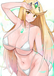 Rule 34 | 1girl, absurdres, arm up, bikini, blonde hair, breasts, chest jewel, closed mouth, collarbone, groin, highres, large breasts, long hair, looking at viewer, micro bikini, mythra (xenoblade), navel, oruru63100814, solo, stomach, swimsuit, tiara, very long hair, white bikini, xenoblade chronicles (series), xenoblade chronicles 2, yellow eyes