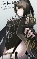 Rule 34 | 1girl, absurdres, animal ear fluff, animal ears, arknights, artist name, asymmetrical bangs, black choker, black dress, brown hair, cat ears, cat girl, cat tail, choker, cowboy shot, dated, dress, from side, frown, grey background, highres, looking at viewer, mandragora (arknights), ochako (kemomimiochanu), off-shoulder dress, off shoulder, one-hour drawing challenge, open mouth, parted bangs, short hair, signature, simple background, solo, tail, thighs, yellow eyes