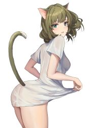 Rule 34 | 1girl, animal ears, blush, breasts, cat ears, cat tail, green hair, heterochromia, highres, idolmaster, idolmaster cinderella girls, looking at viewer, looking back, medium breasts, mole, mole under eye, no pants, nyome991, oversized clothes, oversized shirt, see-through, see-through shirt, shirt, shirt hold, simple background, solo, tail, takagaki kaede, white background, white shirt