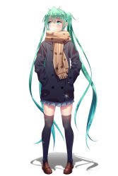 Rule 34 | 1girl, bad id, bad pixiv id, black thighhighs, blue skirt, coat, commentary request, full body, geduan, green eyes, green hair, hands in pockets, hatsune miku, highres, legs apart, loafers, long hair, looking away, pigeon-toed, pleated skirt, revision, scarf, shadow, shoes, simple background, skirt, solo, standing, thighhighs, twintails, very long hair, vocaloid, white background