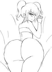 Rule 34 | 1girl, ass, ass focus, bed, bottomless, choker, flat chest, huge ass, looking back, lying, sketch, solo, tagme, thick thighs, thighs, tight clothes, twintails, wide hips, zonen404