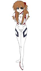 Rule 34 | 1girl, arms behind back, artist request, blue eyes, bodysuit, breasts, brown hair, evangelion: 3.0+1.0 thrice upon a time, eyepatch, female focus, full body, hair between eyes, hair ornament, highres, legs together, long hair, looking at viewer, medium breasts, neon genesis evangelion, plugsuit, rebuild of evangelion, simple background, smile, solo, souryuu asuka langley, standing, two side up, white background, white bodysuit