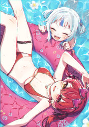 Rule 34 | 2girls, bikini, blue hair, blunt bangs, blush, breasts, cleavage, closed eyes, earrings, eyewear on head, gaaa u, gawr gura, gold earrings, gold necklace, grey hair, hair ornament, heart, heart-shaped eyewear, heart earrings, heart necklace, heterochromia, highres, hololive, hololive english, houshou marine, houshou marine (summer), innertube, jewelry, large breasts, long hair, looking at viewer, medium hair, multicolored hair, multiple girls, necklace, official alternate costume, open mouth, red bikini, red eyes, red hair, shark hair ornament, sharp teeth, sidelocks, single earring, smile, streaked hair, sunglasses, swim ring, swimsuit, teeth, thigh strap, twintails, two side up, upper teeth only, virtual youtuber, wading, water, yellow eyes