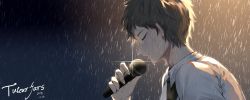 Rule 34 | 1boy, artist name, black hair, brown hair, closed eyes, closed mouth, collared shirt, commentary request, crying, danganronpa (series), danganronpa 2: goodbye despair, dated, from side, highres, hinata hajime, holding, holding microphone, male focus, microphone, necktie, open mouth, profile, rain, shirt, short hair, solo, tears, teeth, tuteurfars shin, upper body, upper teeth only, water, wet, wet clothes, wet hair, white shirt, wing collar