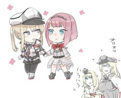Rule 34 | 10s, 4girls, :d, anchor, ark royal (kancolle), artist request, bare shoulders, belt, bismarck (kancolle), black legwear, black skirt, blonde hair, blue eyes, blunt bangs, blush, bob cut, braid, breasts, capelet, celtic knot, chibi, closed mouth, collarbone, cross, crown, dress, elbow gloves, eye contact, flower, french braid, full body, gloves, graf zeppelin (kancolle), hair between eyes, hair ornament, hairband, hat, holding hands, hull shoes, iron cross, jacket, kantai collection, long hair, long sleeves, looking at another, military, military hat, military uniform, mini crown, miniskirt, mohara (kabe wo utsu), multiple girls, necktie, off-shoulder dress, off shoulder, open mouth, pantyhose, peaked cap, pleated skirt, red flower, red hair, red ribbon, red rose, ribbon, rose, round teeth, short hair, shorts, sidelocks, skirt, smile, sweatdrop, teeth, tiara, turn pale, twintails, uniform, walking, warspite (kancolle), wavy mouth, white dress, white gloves, white hat, white legwear, white shorts