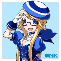 Rule 34 | 1girl, ascot, beret, blonde hair, blue-framed eyewear, blue ascot, blue background, blue eyes, breasts, cleavage, enta girl, falcoon, glasses, gloves, hat, highres, jacket, logo, looking at viewer, mascot, official art, puffy short sleeves, puffy sleeves, salute, semi-rimless eyewear, short hair with long locks, short sleeves, simple background, smile, snk, solo, upper body