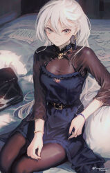 Rule 34 | 1girl, artist name, bed, belt, black belt, black pantyhose, blue dress, bracelet, breasts, cleavage, commentary, criss-cross halter, dress, earrings, elbow sleeve, expressionless, grey eyes, gundam, gundam suisei no majo, hair between eyes, halterneck, highres, inaeda kei, jewelry, lace dress, leaning on object, long hair, looking at viewer, medium breasts, miorine rembran, pantyhose, revision, see-through, see-through cleavage, see-through sleeves, sitting, solo, swept bangs, too many papers, twitter username, very long hair, white hair