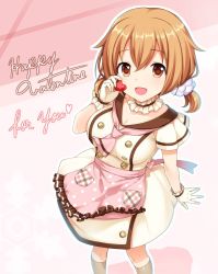 Rule 34 | alternative girls, apron, breasts, buttons, candy, chocolate, chocolate heart, cleavage, collarbone, double-breasted, dress, food, frilled apron, frills, gloves, happy, happy valentine, heart, highres, large breasts, looking at viewer, low twintails, momoi hina, official art, open mouth, orange eyes, orange hair, pink apron, pink background, pink neckwear, polka dot, polka dot apron, scrunchie, short hair, short sleeves, smile, socks, solo, standing, twintails, white dress, white gloves, white scrunchie