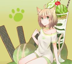 Rule 34 | 1girl, a479098236, ahoge, animal ears, breasts, brown hair, cat ears, cat tail, collarbone, cup, drinking glass, green eyes, highres, looking at viewer, medium breasts, original, paw print, short hair, sitting, smile, solo, tail