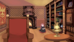 Rule 34 | bloop (gawr gura), book, bookshelf, chair, commentary, english commentary, fire, fireplace, highres, hololive, hololive english, lamp, mori calliope, ninomae ina&#039;nis, no humans, official art, pocket watch, scenery, stuffed toy, tapestry, tunnarata, virtual youtuber, watch