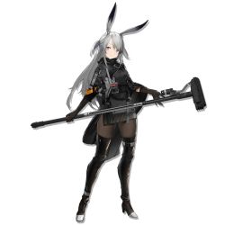 Rule 34 | 1girl, animal ears, arknights, black cloak, black dress, black footwear, black gloves, black skirt, blush, boots, breasts, brown thighhighs, cloak, closed mouth, dress, full body, gloves, grey eyes, grey hair, hair between eyes, hammer, head tilt, high heel boots, high heels, holding, holding hammer, jacket, large breasts, light smile, long hair, looking at viewer, name tag, official art, pantyhose, rabbit ears, savage (arknights), short dress, sidelocks, skirt, solo, tachi-e, thigh boots, thighhighs, transparent background, two side up, weapon