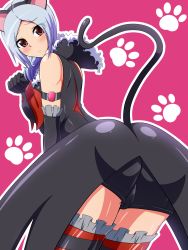 Rule 34 | 00s, 1girl, animal ears, aokura shou, armlet, ass, bare shoulders, black thighhighs, blue hair, blush, cat ears, cat tail, detached sleeves, eas (fresh precure!), fake animal ears, fresh precure!, frills, from behind, frown, higashi setsuna, highres, hood, leaning forward, looking at viewer, paw pose, pink background, precure, red eyes, short shorts, shorts, simple background, solo, tail, thighhighs, zettai ryouiki