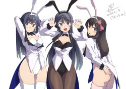 Rule 34 | 3girls, animal ears, arms behind back, ass, bare shoulders, black bow, black bowtie, black hair, black leotard, blue bow, blue bowtie, blue eyes, blush, bow, bowtie, breasts, brown pantyhose, cleavage, closed mouth, coattails, commentary, commission, covered navel, dated, detached collar, fake animal ears, frilled bow, frills, garter straps, gluteal fold, hair bow, hair ornament, hairclip, highres, hirokawa uzuki, jacket, large breasts, leotard, long hair, looking at viewer, makinohara shouko, multiple girls, pantyhose, pink leotard, pink thighhighs, playboy bunny, purple eyes, rabbit ears, raiz art works, red bow, sakurajima mai, seishun buta yarou, sideboob, signature, simple background, skeb commission, smile, standing, strapless, strapless leotard, suit jacket, thigh gap, thighhighs, tuxedo jacket, white background, white leotard, white thighhighs