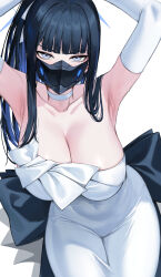 Rule 34 | 1girl, armpits, black hair, black mask, blue archive, blue eyes, blue hair, blue halo, blush, breasts, choker, cleavage, colored inner hair, deras, dress, earrings, elbow gloves, gloves, hair ornament, halo, highres, jewelry, large breasts, long hair, looking at viewer, mask, mouth mask, multicolored hair, official alternate costume, saori (blue archive), saori (dress) (blue archive), simple background, solo, strapless, strapless dress, white background, white choker, white dress, white gloves