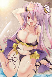 Rule 34 | 1girl, azur lane, beach, bikini, black bikini, blush, breasts, cleavage, commentary request, day, frilled bikini, frills, from above, gradient hair, grenville (azur lane), hair ornament, hair ribbon, hair scrunchie, hand up, highres, large breasts, long hair, looking at viewer, multicolored hair, navel, ocean, one eye closed, one side up, open mouth, outdoors, purple hair, ribbon, sand, sandals, scrunchie, sidelocks, sitting, smile, solo, stomach, streaked hair, swimsuit, tonchinkan, very long hair, wariza, water, wet