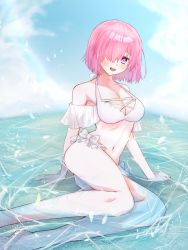 Rule 34 | 1girl, alternate costume, bikini, blue sky, blush, breasts, cleavage, cloud, collarbone, commentary request, day, fate/grand order, fate (series), hair over one eye, harukappa, highres, in water, large breasts, looking at viewer, mash kyrielight, navel, one eye covered, open mouth, outdoors, pink hair, purple eyes, short hair, sitting, sky, smile, solo, swimsuit, teeth, upper teeth only, water, white bikini