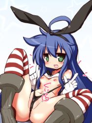 Rule 34 | 1girl, ahoge, animal ears, anus, blue hair, blush, cosplay, elbow gloves, gloves, green eyes, izumi konata, kantai collection, long hair, lucky star, mizushima (p201112), mole, nipples, partially visible anus, rabbit ears, shimakaze (kancolle), shimakaze (kancolle) (cosplay), solo, striped clothes, striped thighhighs, thighhighs, thong, wedgie, white gloves